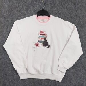 Morning Sun Sweater Womens Large White Fleece Cat Books Embroidered Crewneck